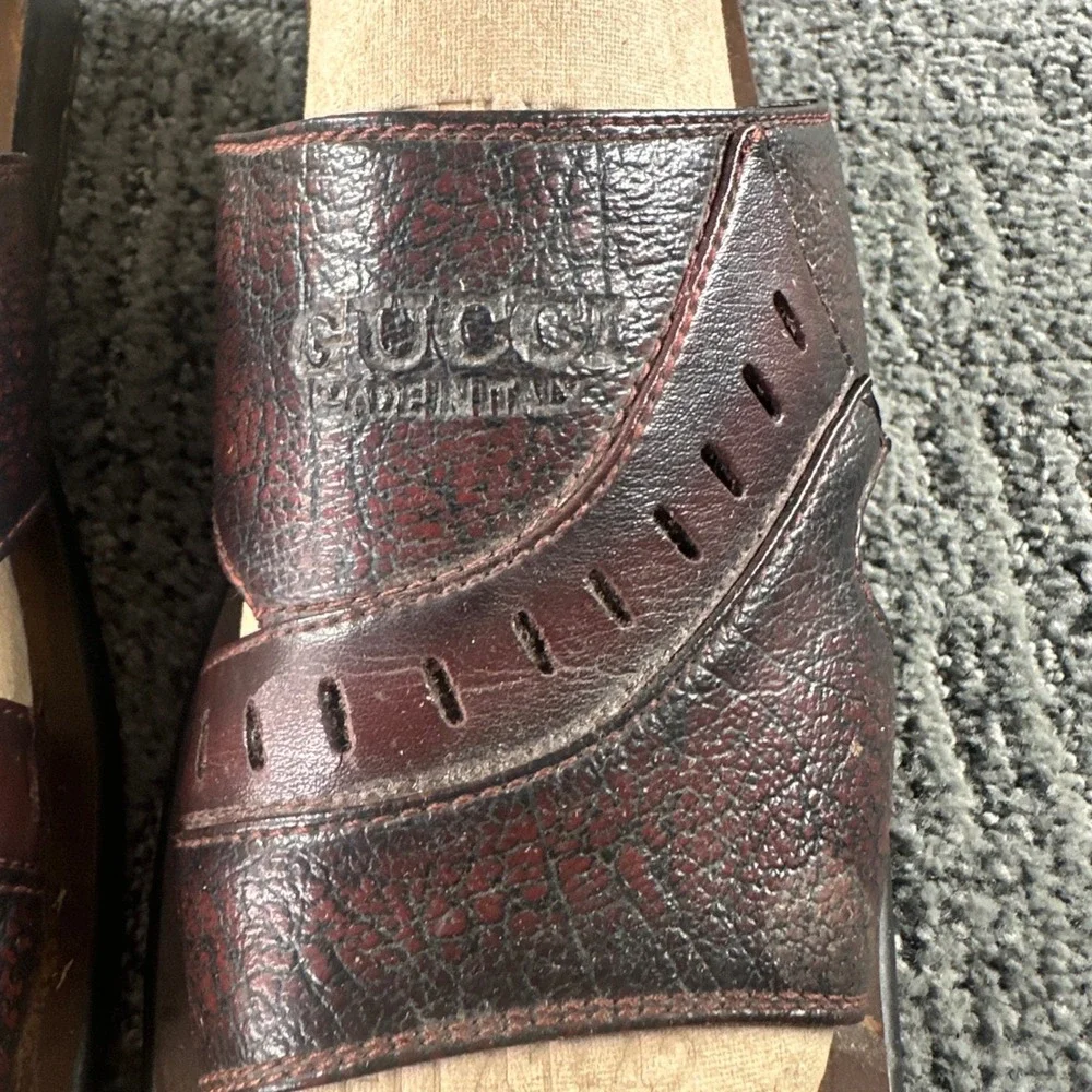 VTG Gucci Slide Sandals Mens 9 Dark Brown Leather Square Toe Made in Italy